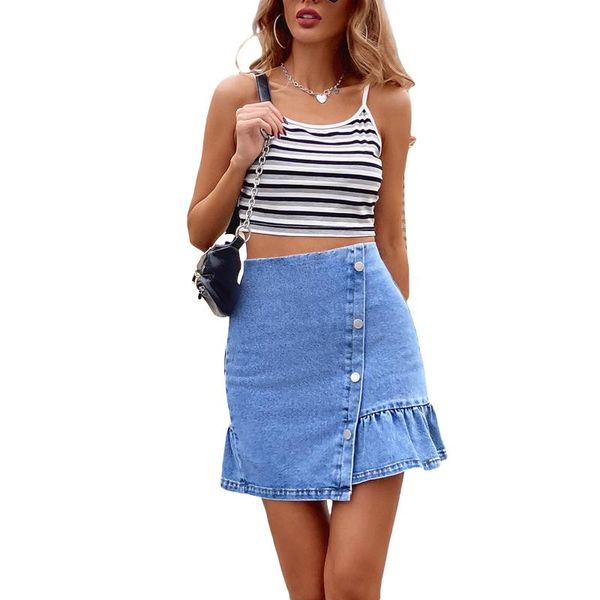 

skirts summer casual women mini denim high waist asymmetrical a-line ruffle short jean, Black