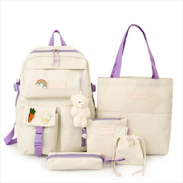 

backpack 2021 fashion plush pendant large capacity schoolbag 5 piece set for teenagers boy girl kids canvas bookbag