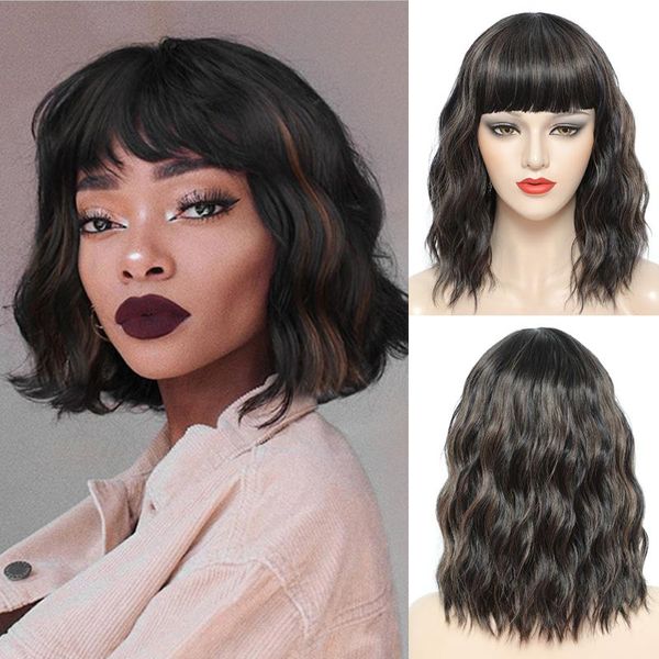 

purple ombre natural wave synthetic hair wigs cosplay short bob wig with bangs headband twelve colors heat resistant fiber, Black