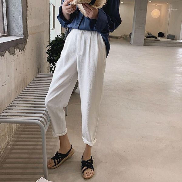 

women's pants & capris women high waist linen solid classic pockets harem loose ladies taille haute office trousers, Black;white