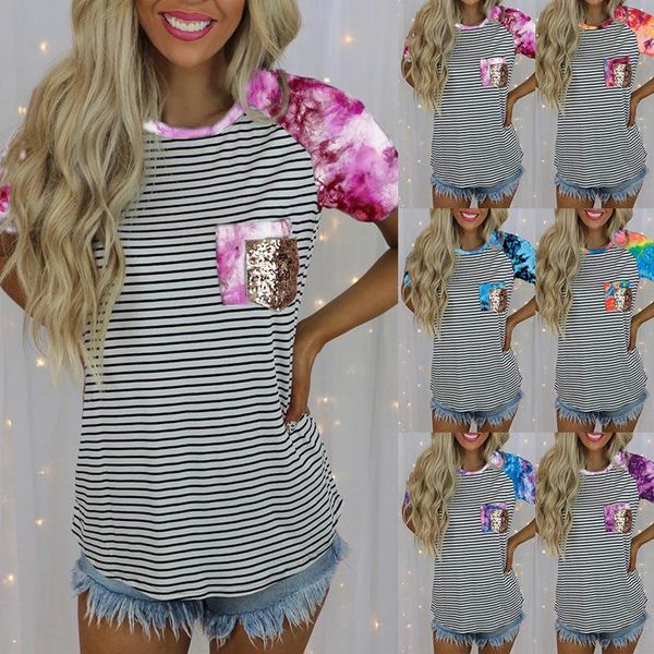 

women's t-shirt summer round neck short-sleeved tie-dye printing stripe loose casual clothes lxh, White