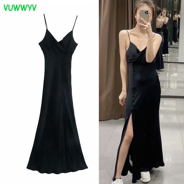 

vuwwyv black satin backless maxi dress women summer slim thin straps party woman front buttons slip vestidos 210430, Black;gray