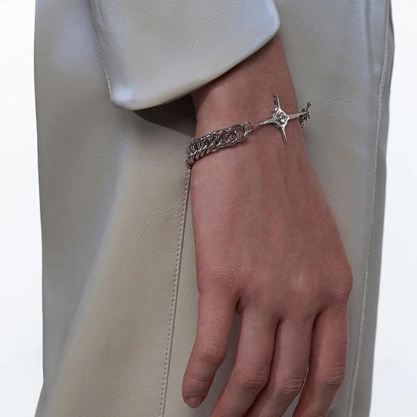 

link, chain punk style cuban four-pointed star zricon bracelet for men hip hop rapper jewelry gothic party accessories friend gift, Black