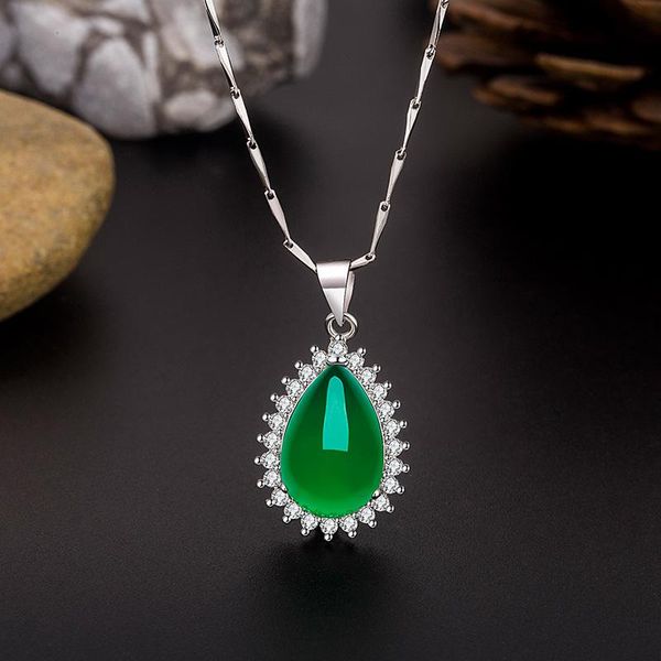 

chains vintage necklace 925 silver women jewelry water drop emerald jade gemstone pendant wedding accessories female zircon