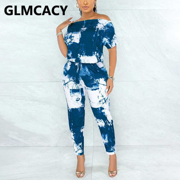 

two piece tie dye suits off shoulder shirt & slim pants set 210702, White