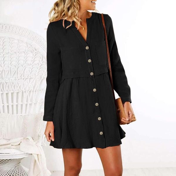 

casual dresses women spring autumn mini dress female solid long sleeves v neck cotton shirt plus size robes vestidos, Black;gray