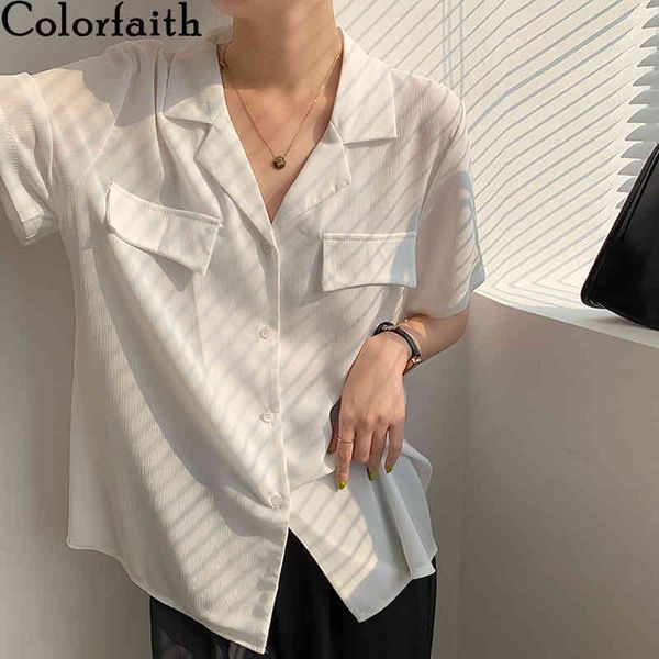

colorfaith women summer blouses shirts buttons chic vintage oversize korean office fashionable lady wild bl25003 210427, White