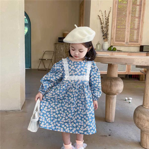 Детские девочки летние платья повседневные цветы узор с длинным рукавом платье 2021 мода детские платья 2-6 лет детская одежда Q0716