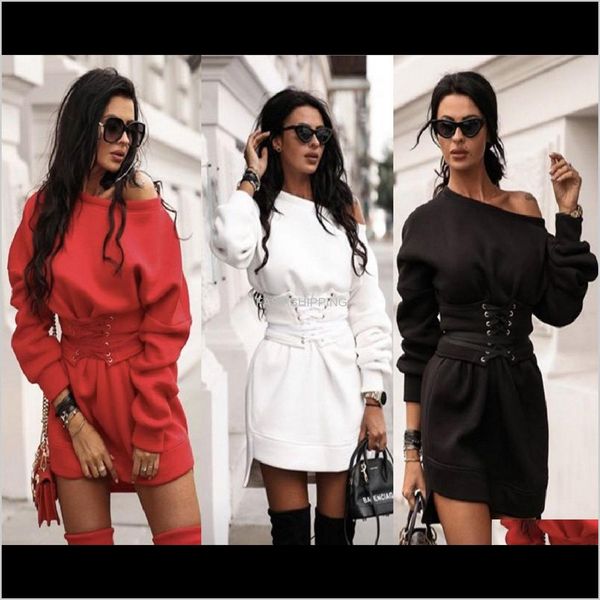 

casual dresses apparel lady one off shoulder sweatshirt dress women autumn long sleeve mini female winter warm lace- sra4w, Black;gray