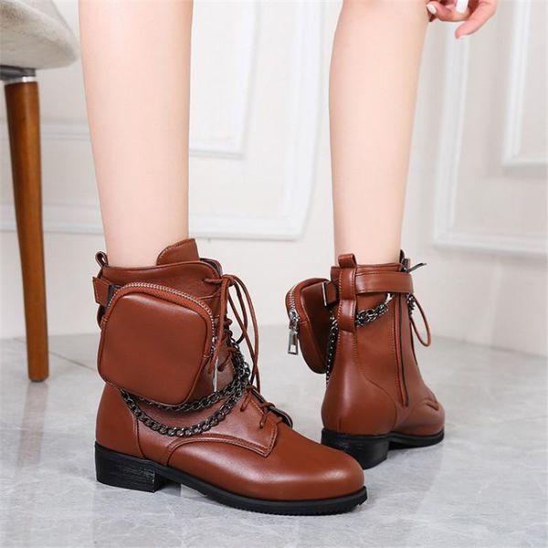 

boots pxelena 2021 stylish shoes women metal chain ankle with bag low heels motorcycle biker pocket plus size 34-45, Black