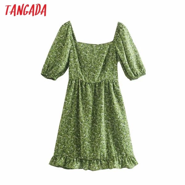 

summer women green floral print french style puff short sleeve ladies dress vestidos 3d57 210416, Black;gray