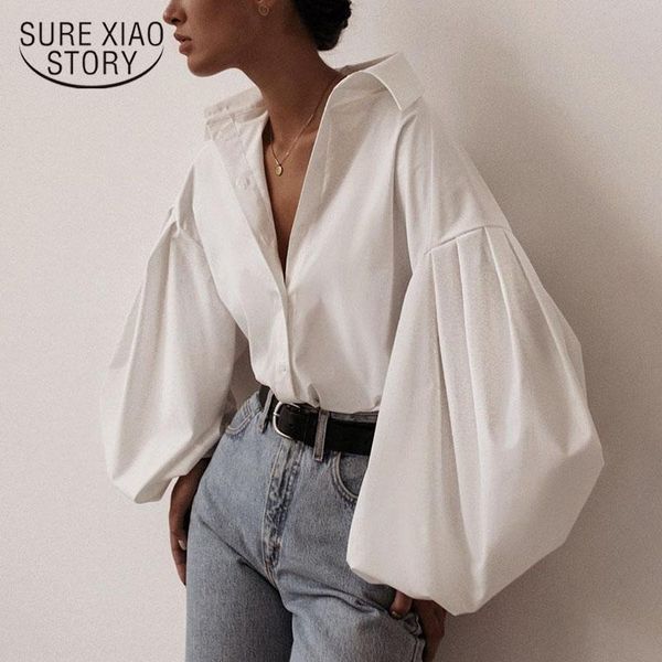 

women's blouses & shirts lantern sleeve elegant shirt white black button vintage blouse turn down collar office ladies female casual 10