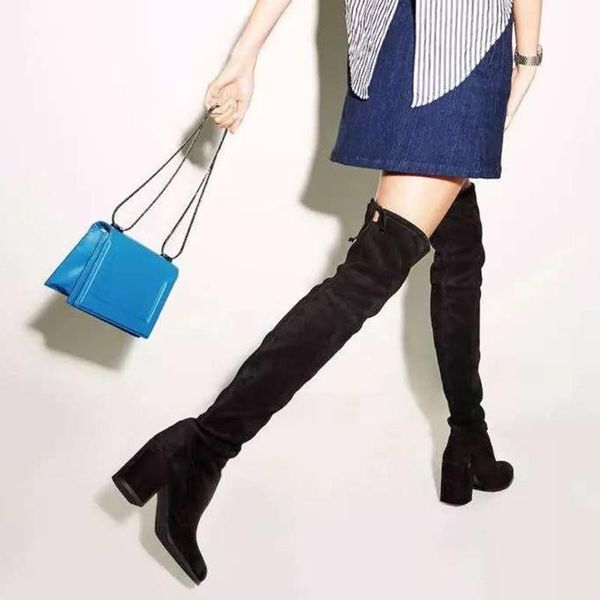 

boots heel flat women's over knee round head thick bottom ins net red long tube elastic, Black