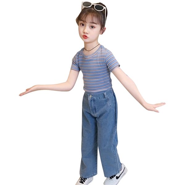 

children clothes tshirt + jeans 2pcs girls outfits summer big casual style children's tracksuits 6 8 10 12 14 210527, White