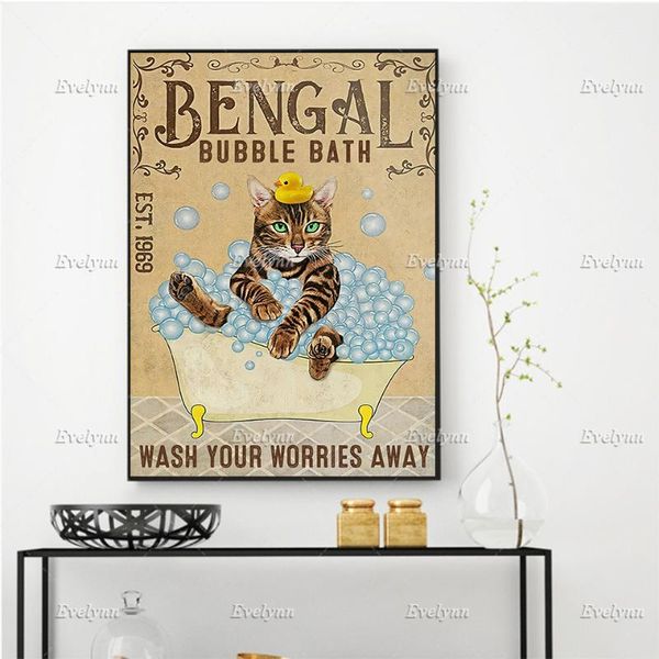 

paintings bengal bubble bath est 1969 wash your worries away poster, cute cat lover,wall art prints home decor canvas gift floating frame