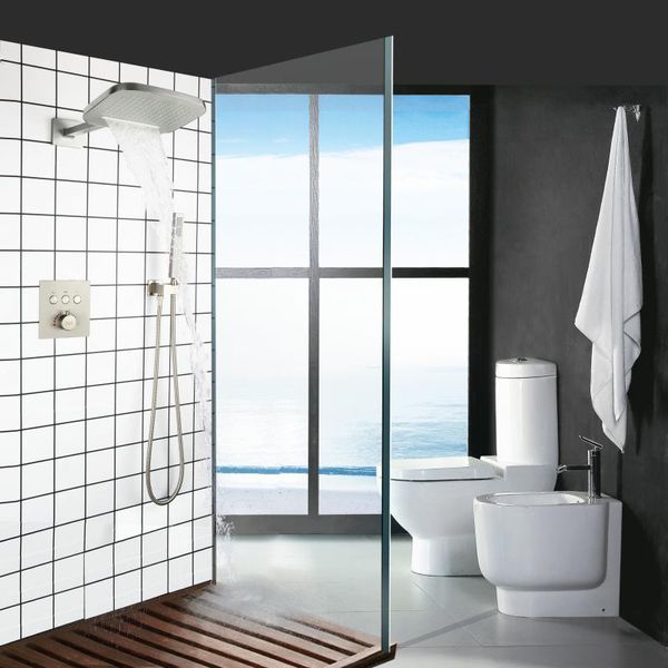 Conjuntos de chuveiro de banheiro escovado níquel termostático parede mount chuvoso torneira conjunto com braço de mão