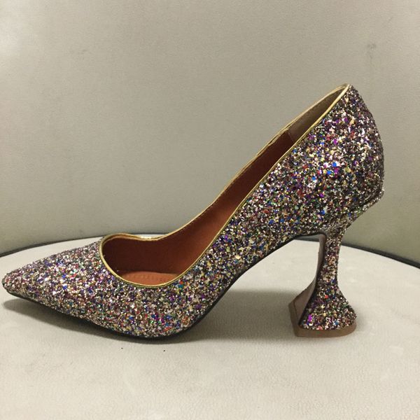 

2021 women lady ladies leather dress shoes glitter real sheepskin 9.5cm goblet high heels pumps pointed sandals pillage toe slip-on wedding, Black
