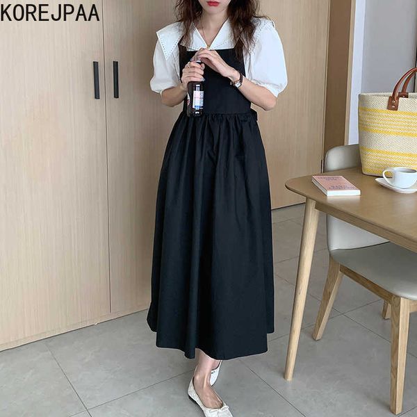 

korejpaa women sets summer korean chic all-match minority lapel loose puff sleeve shirt square neck tie waist strap dress 210526, White