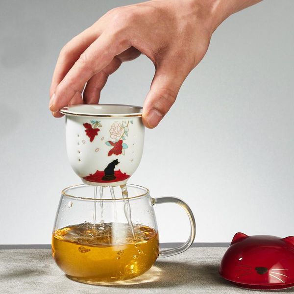 

ceramic filter inner belt covered mouse mug, heat-resistant thickened three-piece office cup mugs