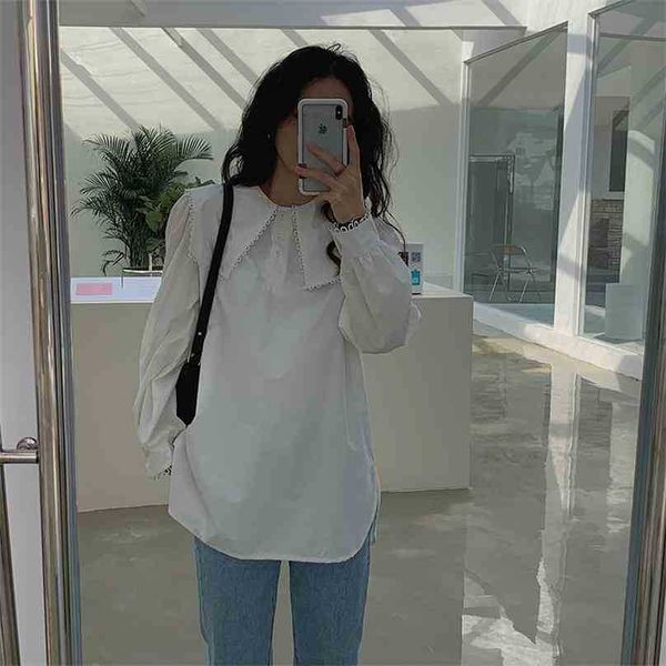 

white korean ruffles chic all match casual sweet clothe fashion summer loose women solid blouses 210525