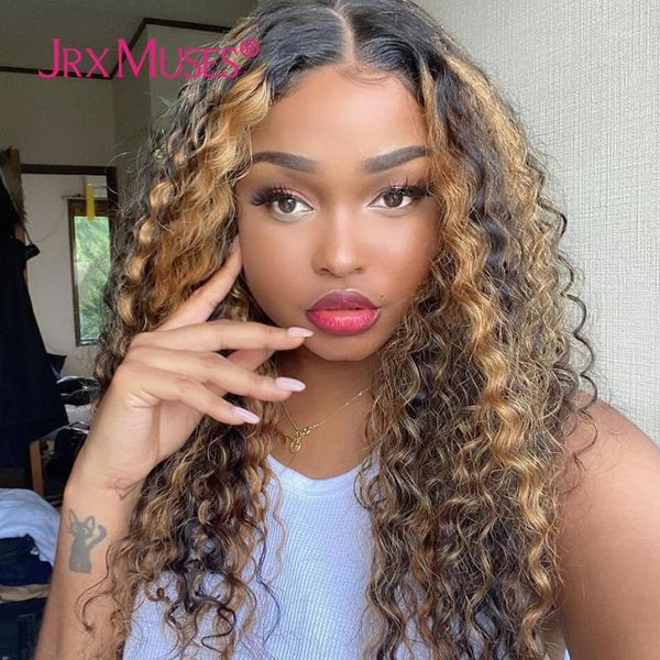 

highlights lace front human hair wigs deep wave honey blonde piano mix color water curly t part wig preplukced for black women1, Black;brown