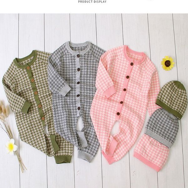 

rompers wholesale spring baby romper knitting long sleeve plaid open stitch cotton jumpsuits with cap girls boys clothes e530 pxt6, Blue