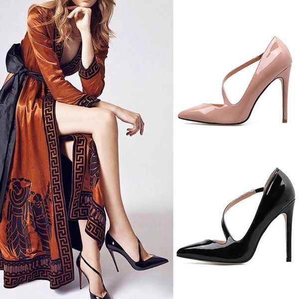 

women shoes high heels pointed toe slip-on wedding office patent leather handmade ng plus size dfv56 dress, Black