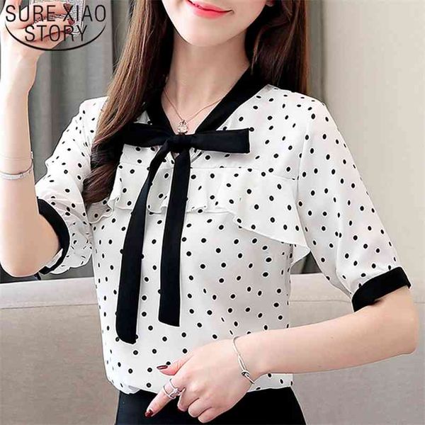 

fashion summer women blouse short sleeve v-neck clothing slim polka dot chiffon plus size 5246 50 210506, White