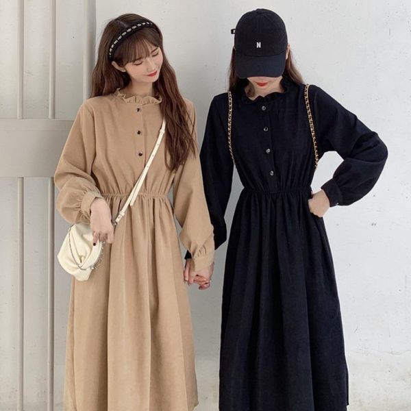 

women autumn winter slim dress female loose solid ruffles button warm vestido lady casual oversize mid-long dresses g63, Black;gray