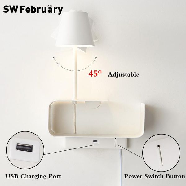 

swfebruary led wall lamp nordic modern bedroom bedside light creative shelf open wire with switch usb charging