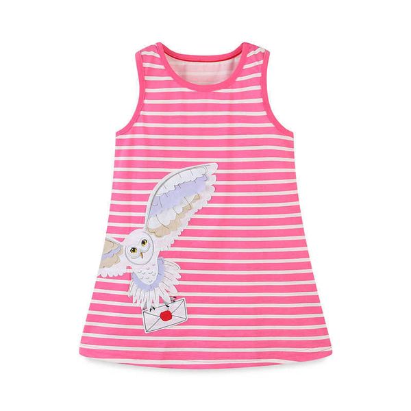 Springen Meter Streifen ärmellose Sommer Baby Kleider mit Tieren Applikation Eule Baumwolle Casual Kostüm Kinder Partykleid 210529