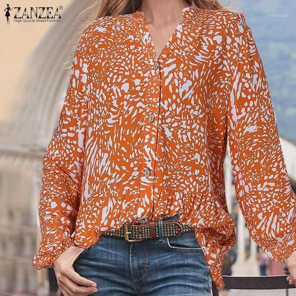 

spring long puff sleeve leopard printed elegant shirts zanzea v neck ruffles blouse women casual holiday plus size 5xl women's blouses, White