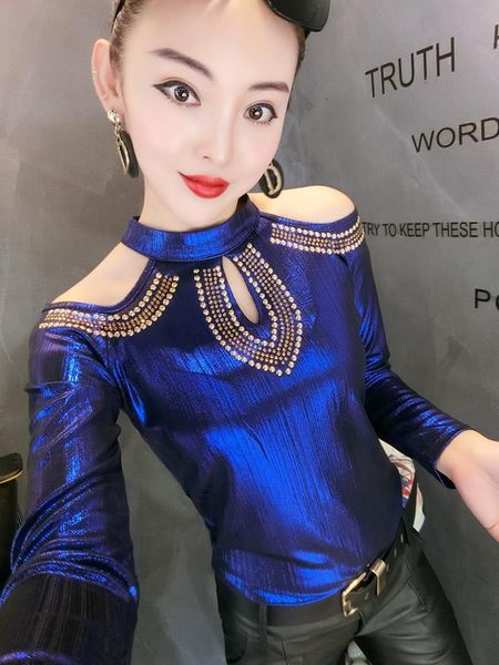 

hollow out metallic cut womens shoulder fake leather rivet pullovers female bead work shirt, White