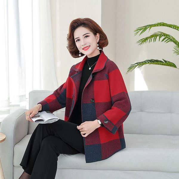 

women's wool & blends high-end woolen coat women 2021 autumn winter fashion plaid jacket middle-aged mother casual short a, Black