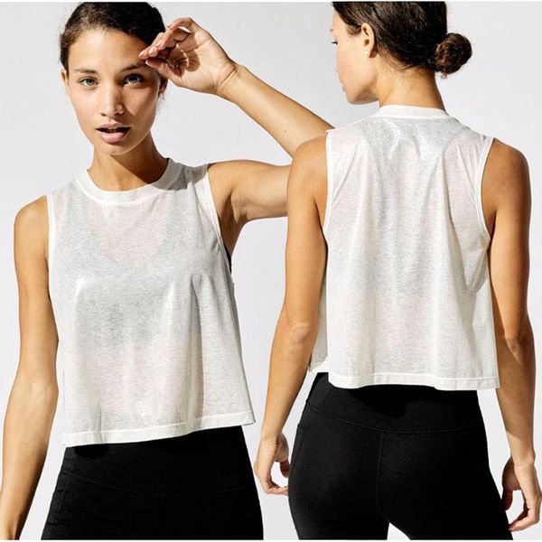 

yoga outfit foil crop tank women gym athletic sports fitness sleeveless vest crew neck slightly sheer shirt