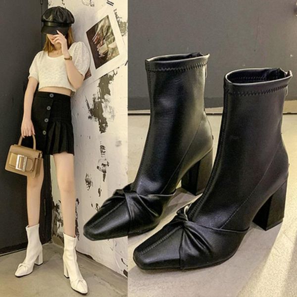 

boots 2021 ladies pointed toe solid color bow zipper spring and autumn temperament high-heeled ankle boots., Black