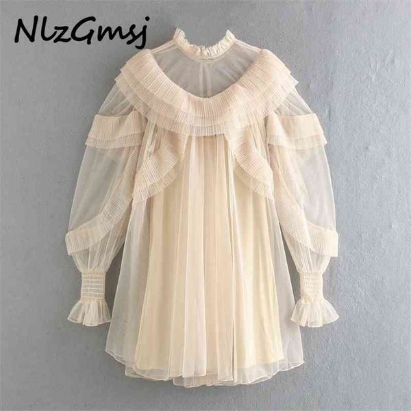

women ruffles mesh beige party dress vintage long sleeve females year 210628, Black;gray