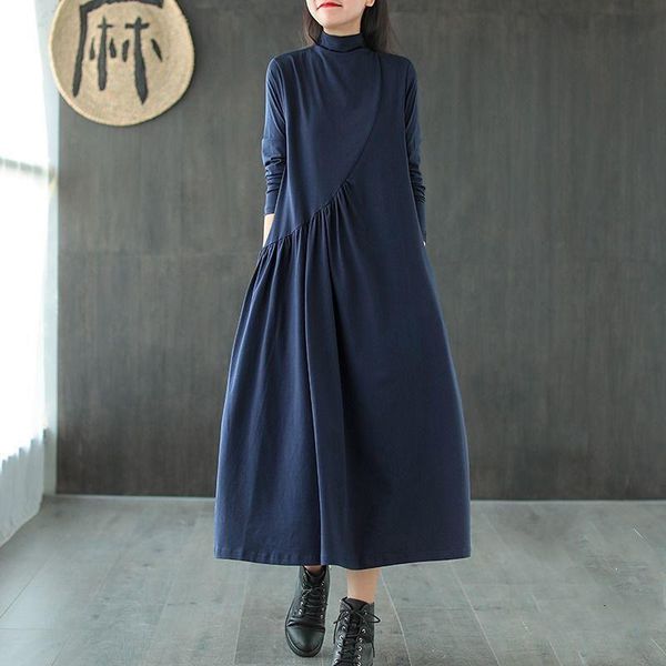 

casual dresses bottomed long sleeved dress retro loose and versatile half high collar medium, Black;gray