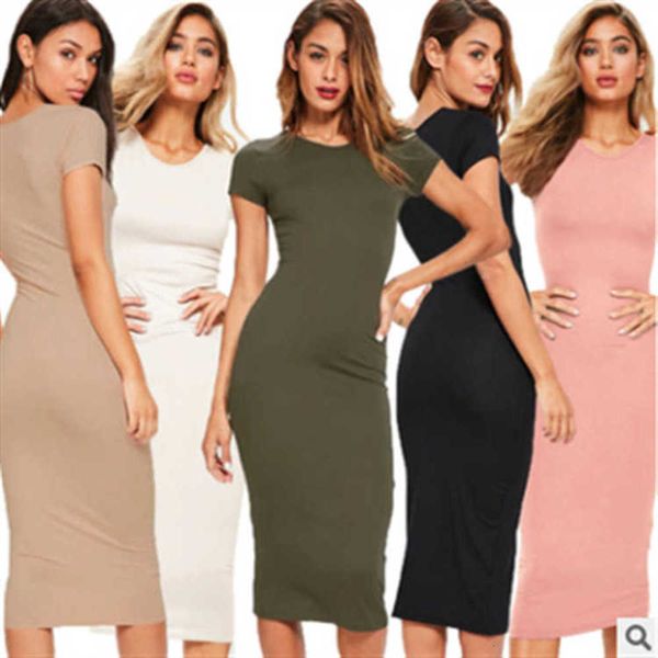 

2020 fashion round neck short sleeve versatile long elastic tight dress, Black;gray