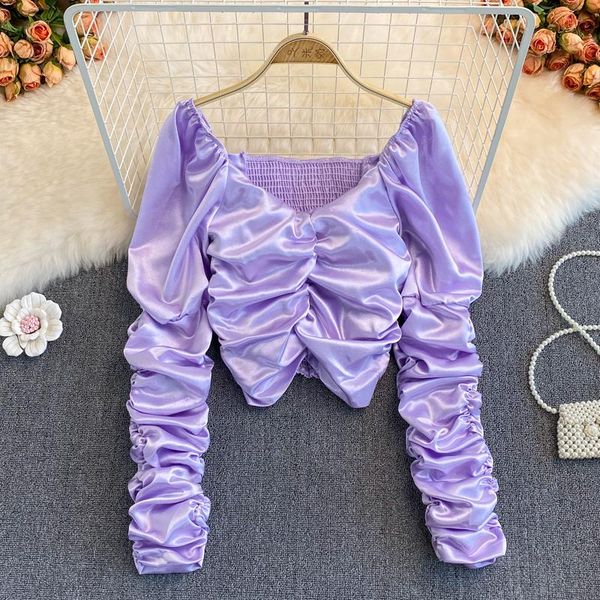 

women's blouses & shirts spring autumn women purple/black/white draped satin blouse female v-neck long sleeve short elegant pleate