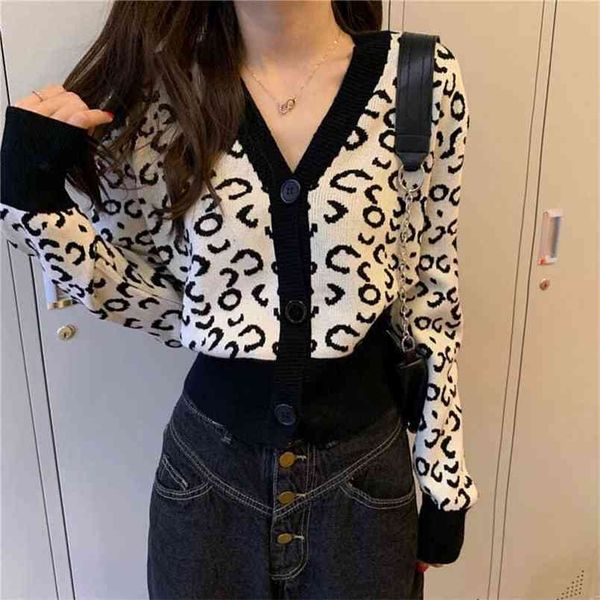 

autumn short jacket foreign v-neck leopard knit cardigan sweater 210812, White