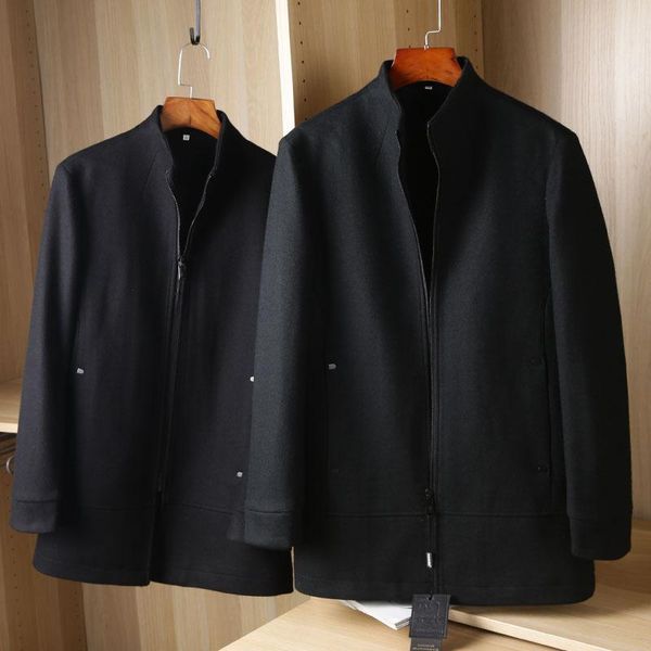 

men's wool & blends parklees 2021 cotton trench coat men windproof warm zipper slim solid stand collar coats office business plus size, Black