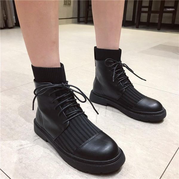 

boots knitted joint women's england lace-up autumn and winterthi bottomed students' sos versatile ro lady shoes -4011, Black
