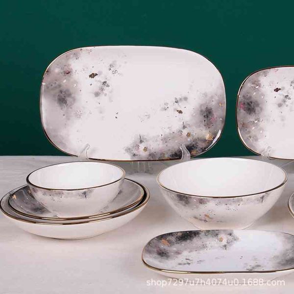 

creative star sky ceramic and combination simple gold edge rice bowl deep shallow plate dish gift tableware set