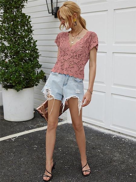

women's t-shirt 2021 women fashion summer lace hollow out v-neck short sleeve t shirts female casual, White