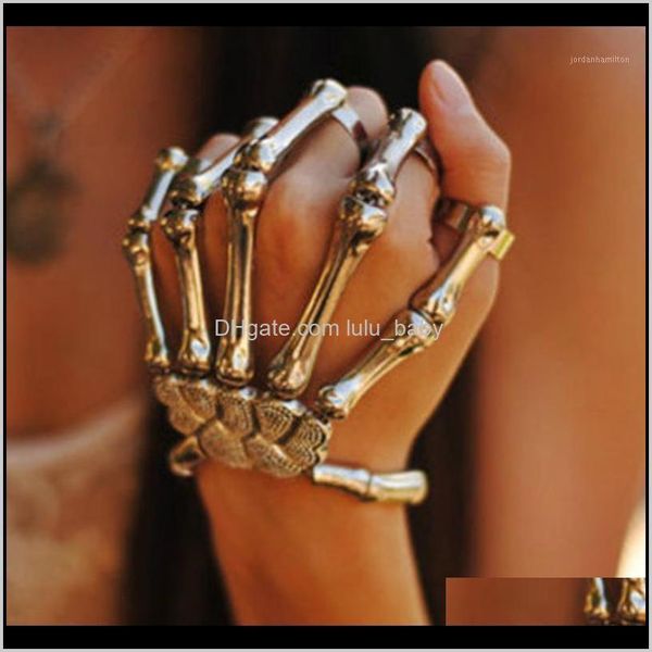 

charm jewelry drop delivery 2021 gothic punk skull finger for women skeleton bone hand bracelets bangles pulseras mujer moda christmas hallo, Golden;silver