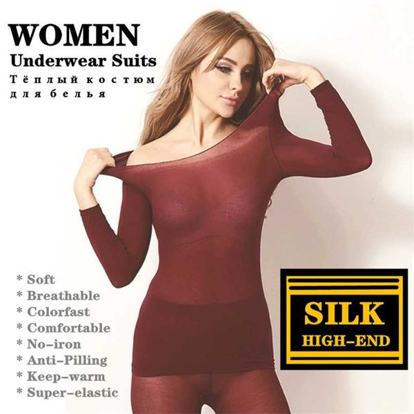 

high-end 23%silk women underwear suit keep-warm soft all-match comfortable breathable fashion rapid thermal underwear set 211221, Black;pink