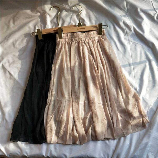 

women's summer pleated chiffon skirts woman elegant clothes 210709, Black