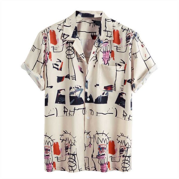 Camisa havaiana Mens Camisa Hawaiana Hombre Engraçado Graffiti LinesPrinted Bolso De Peito Definir Collar Camisas De Manga Curta 210527