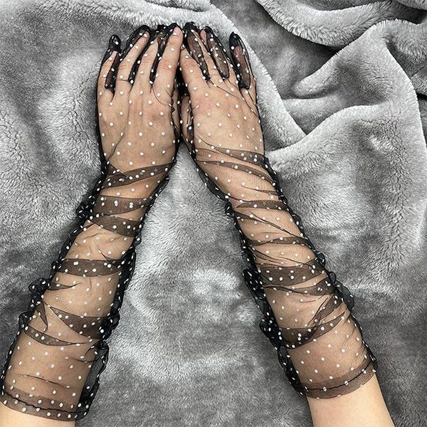 

sports gloves 1 pcs women long tulle trendy stretchy lace spots full finger mittens mesh white black dot wedding